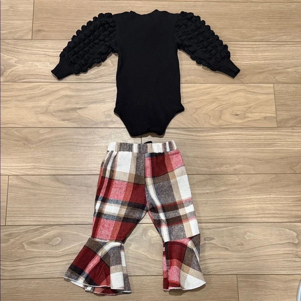 Black Puffy Sleeve Onesie with Plaid Flare Pants